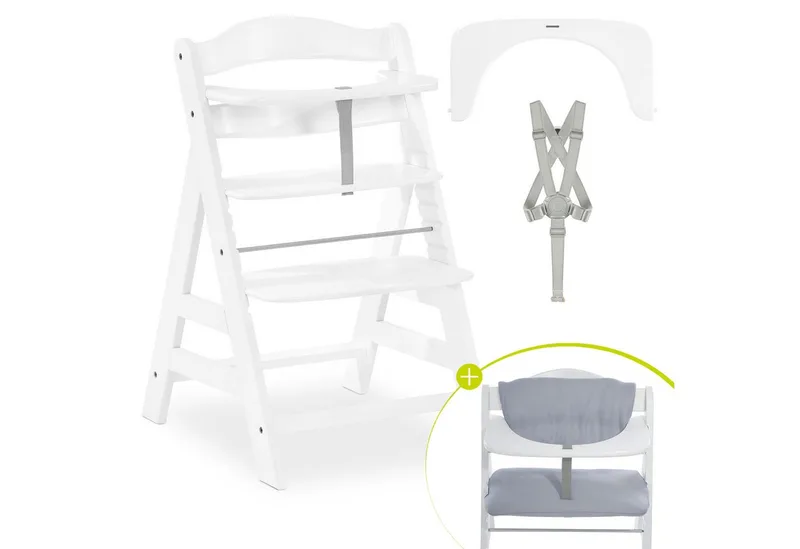 Hochstuhl Alpha Plus, Mitwachsender Holz Kinderhochstuhl verstellbar mit Sitzauflage & Gurt by Hauck in Grau – product photo