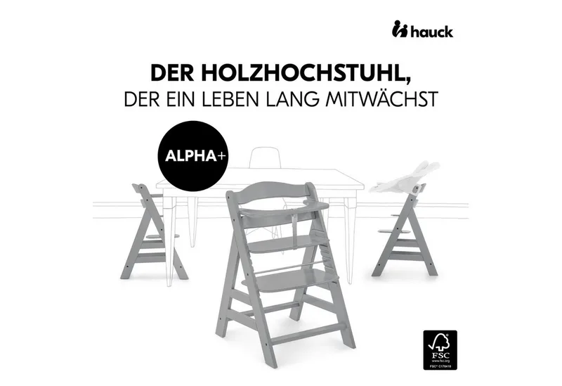 Hochstuhl Alpha Plus, Mitwachsender Holz Kinderhochstuhl verstellbar mit Sitzauflage & Gurt by Hauck in Grey – product photo 3 of 5