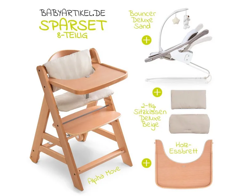 Hochstuhl Alpha Plus Move Natur Newborn Set (5 St), Holz Babystuhl ab Geburt mit Neugeborenenaufsatz, Sitzkissen, Essbrett von Hauck in Beige – Produktfoto 2 von 3