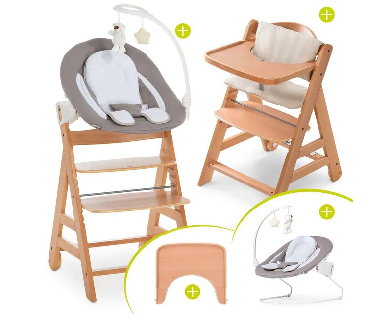 Hochstuhl Alpha Plus Move Natur Newborn Set (5 St), Holz Babystuhl ab Geburt mit Neugeborenenaufsatz, Sitzkissen, Essbrett by Hauck in Beige – product photo