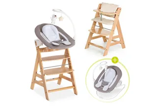 Hochstuhl Alpha Plus Natur - Newborn Set Deluxe (Set, 4 St), Holz Babyhochstuhl ab Geburt inkl. Neugeborenenaufsatz & Sitzauflage von Hauck in Beige, Grau – Produktfoto 1 von 2