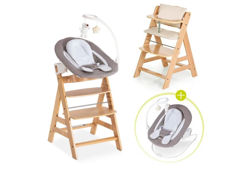 Hochstuhl Alpha Plus Natur - Newborn Set Deluxe (Set, 4 St), Holz Babyhochstuhl ab Geburt inkl. Neugeborenenaufsatz & Sitzauflage de Hauck en Beige, grau – photo produit