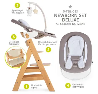 Hochstuhl Alpha Plus Natur - Newborn Set Deluxe (Set, 4 St), Holz Babyhochstuhl ab Geburt inkl. Neugeborenenaufsatz & Sitzauflage von Hauck in Beige, Grau – Produktfoto 2 von 2