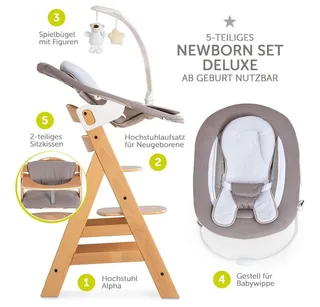 Hochstuhl Alpha Plus Natur - Newborn Set Deluxe (Set, 4 St), Holz Babystuhl ab Geburt inkl. Aufsatz für Neugeborene & Sitzauflage von Hauck in Beige – Produktfoto 2 von 2