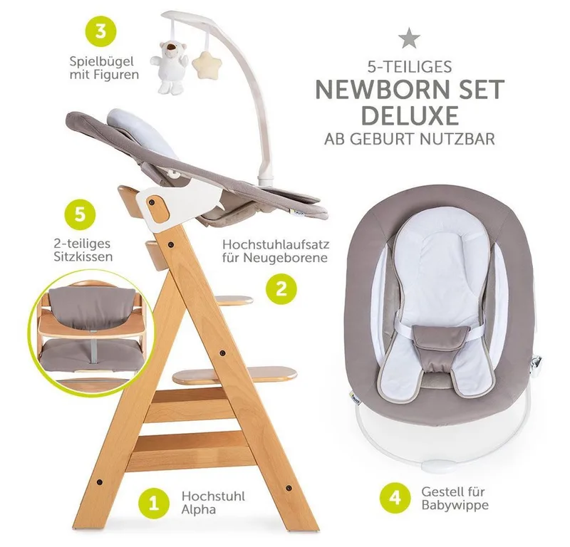 Hochstuhl Alpha Plus Natur - Newborn Set Deluxe (Set, 4 St), Holz Babystuhl ab Geburt inkl. Aufsatz für Neugeborene & Sitzauflage von Hauck in Beige – Produktfoto 2 von 2