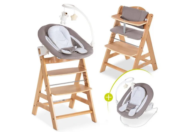 Hochstuhl Alpha Plus Natur - Newborn Set Deluxe (Set, 4 St), Holz Babystuhl ab Geburt inkl. Aufsatz für Neugeborene & Sitzauflage by Hauck in Beige – product photo