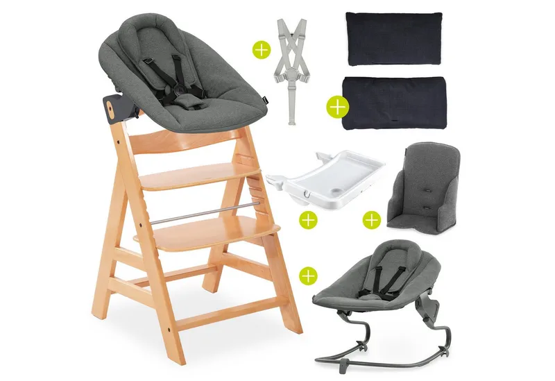 Hochstuhl Alpha Plus Natur Newborn Set Premium Dark Grey, Babystuhl ab Geburt, Aufsatz für Neugeborene, Essbrett, Sitzauflage by Hauck in Beige – product photo