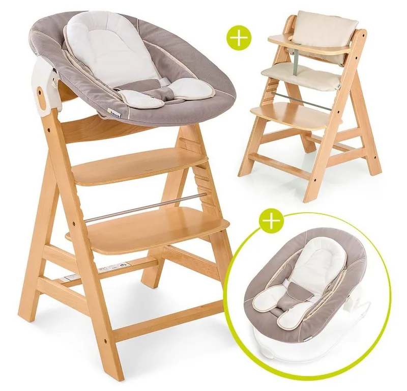 Hochstuhl Alpha Plus Natur - Newborn Set (Set, 4 St), Holz Babyhochstuhl ab Geburt inkl. Neugeborenenaufsatz & Sitzauflage de Hauck en Beige – photo produit