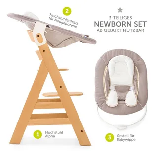 Hochstuhl Alpha Plus Natur - Newborn Set (Set, 4 St), Holz Babystuhl ab Geburt mit Aufsatz für Neugeborene höhenverstellbar von Hauck in Beige – Produktfoto 2 von 4