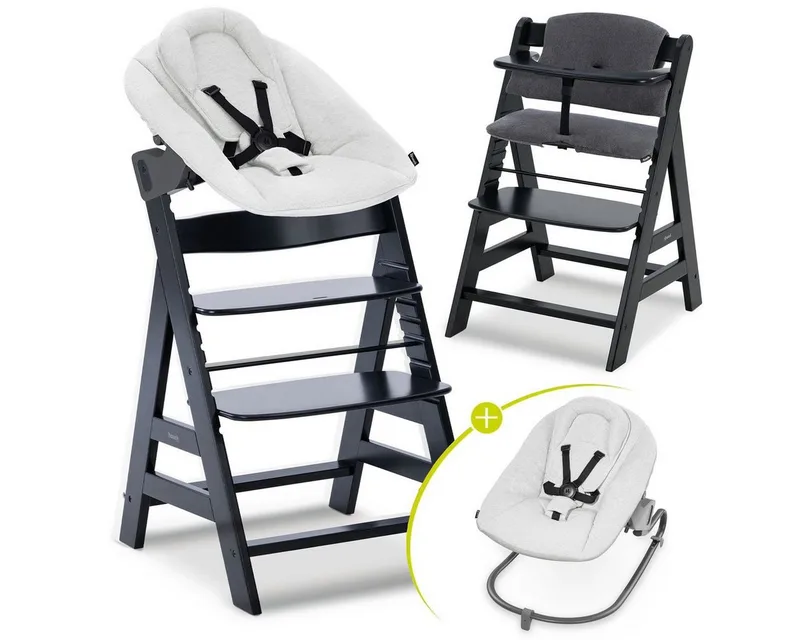 Hochstuhl Alpha Plus Newborn Set - Black, Holz Babyhochstuhl ab Geburt inkl. Neugeborenen Aufsatz & Sitzpolster by Hauck in Schwarz – product photo