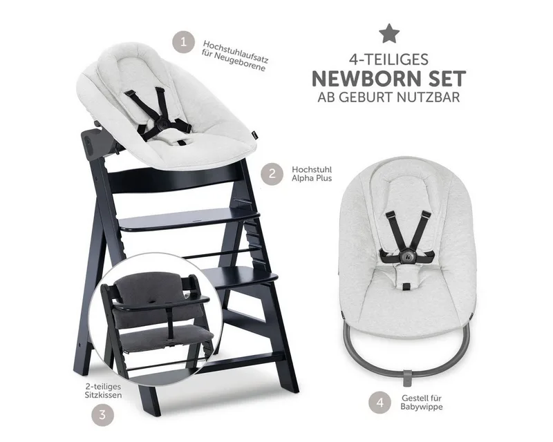 Hochstuhl Alpha Plus Newborn Set - Black, Holz Babyhochstuhl ab Geburt inkl. Neugeborenen Aufsatz & Sitzpolster von Hauck in Schwarz – Produktfoto 2 von 3