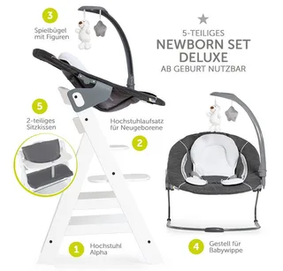 Hochstuhl Alpha Plus - Newborn Set Deluxe (Set, 4 St), Holz Babyhochstuhl ab Geburt inkl. Neugeborenenaufsatz & Sitzauflage von Hauck in Weiß – Produktfoto 2 von 5