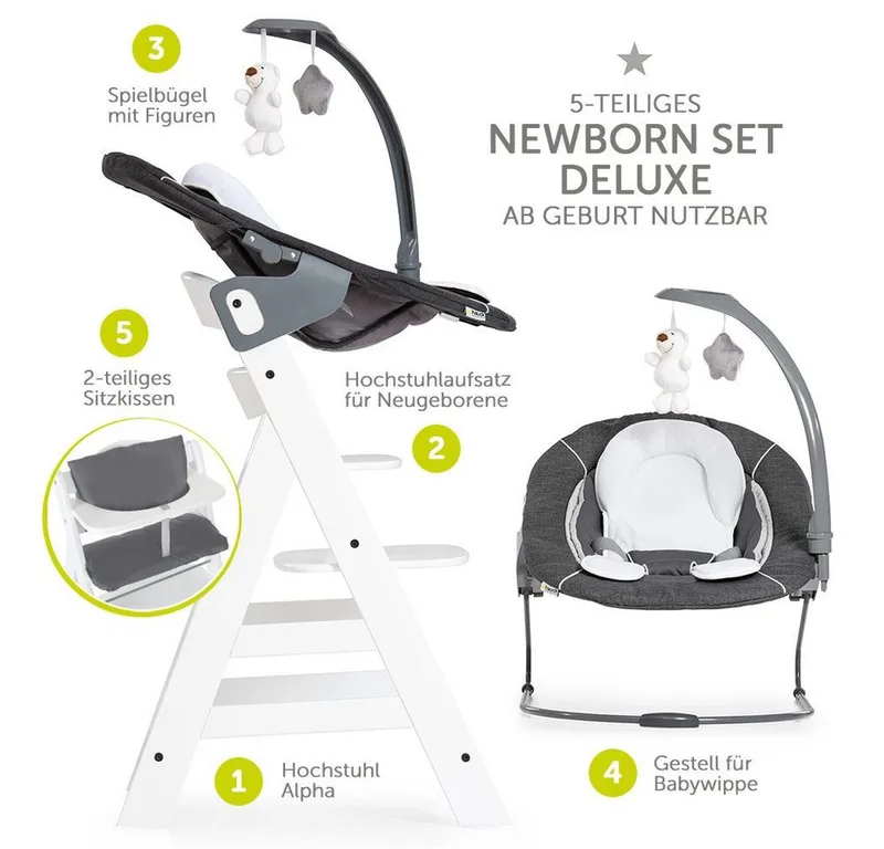 Hochstuhl Alpha Plus - Newborn Set Deluxe (Set, 4 St), Holz Babyhochstuhl ab Geburt inkl. Neugeborenenaufsatz & Sitzauflage von Hauck in Weiß – Produktfoto 2 von 5