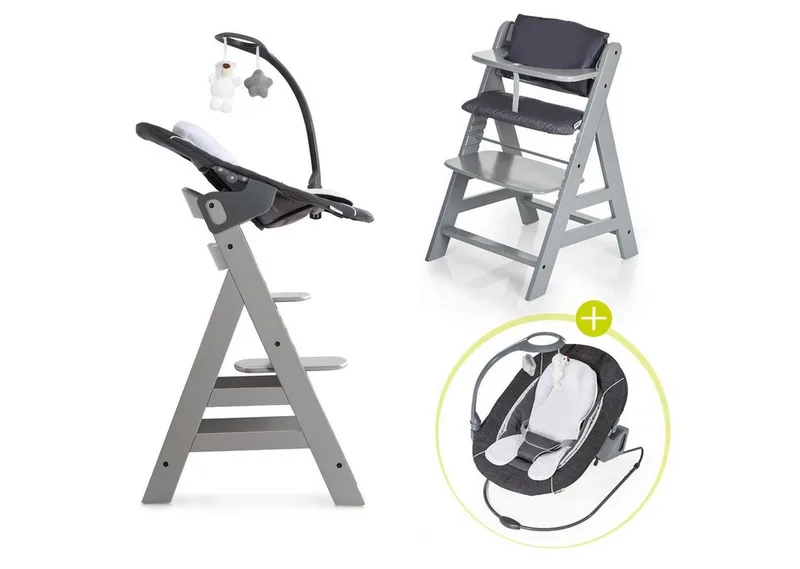 Hochstuhl Alpha Plus - Newborn Set Deluxe (Set, 4 St), Holz Babyhochstuhl ab Geburt inkl. Neugeborenenaufsatz & Sitzauflage by Hauck in Grau – product photo