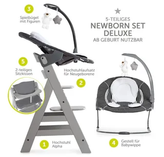 Hochstuhl Alpha Plus - Newborn Set Deluxe (Set, 4 St), Holz Babyhochstuhl ab Geburt inkl. Neugeborenenaufsatz & Sitzauflage von Hauck in Grau – Produktfoto 2 von 5
