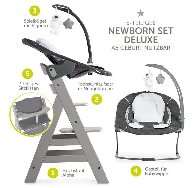 Hochstuhl Alpha Plus - Newborn Set Deluxe (Set, 4 St), Holz Babyhochstuhl ab Geburt inkl. Neugeborenenaufsatz & Sitzauflage von Hauck in Grau – Produktfoto 2 von 5