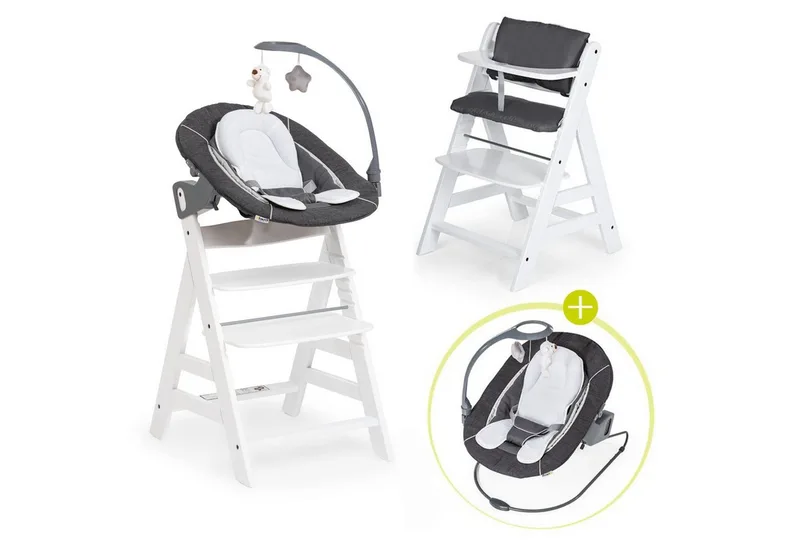 Hochstuhl Alpha Plus - Newborn Set Deluxe (Set, 4 St), Holz Babyhochstuhl ab Geburt inkl. Neugeborenenaufsatz & Sitzauflage by Hauck in Weiß – product photo