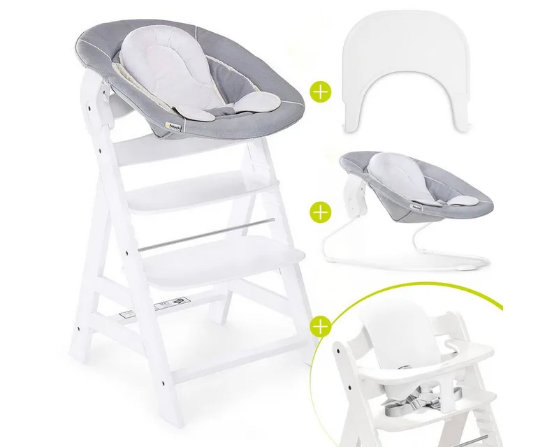 Hochstuhl Alpha Plus Newborn Set - White, Holz Babystuhl ab Geburt mit Neugeborenenaufsatz, Essbrett & Baby Seat de Hauck en Weiß – photo produit