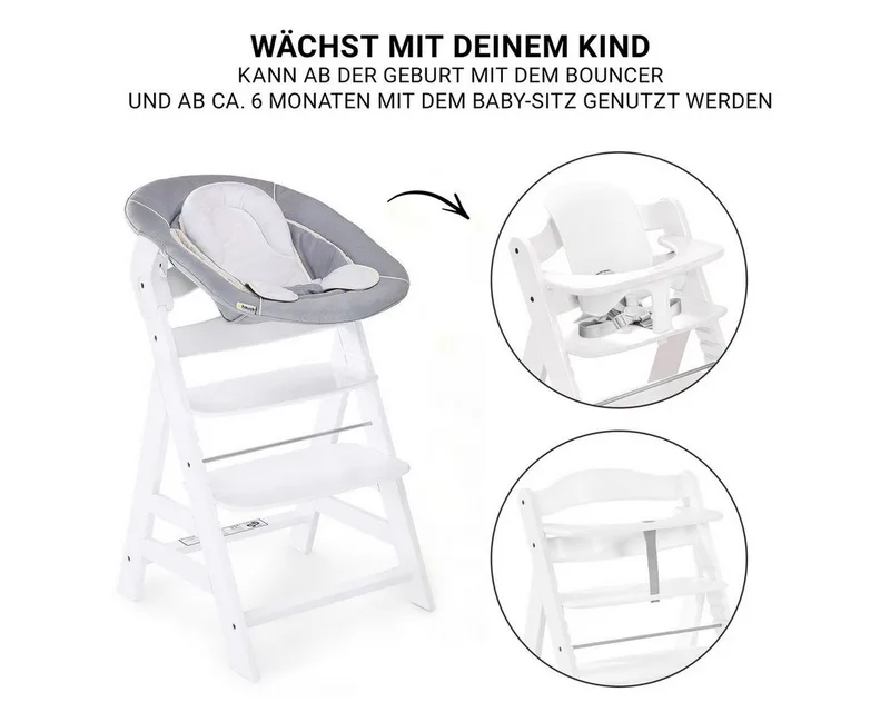 Hochstuhl Alpha Plus Newborn Set - White, Holz Babystuhl ab Geburt mit Neugeborenenaufsatz, Essbrett & Baby Seat by Hauck in White – product photo 3 of 4