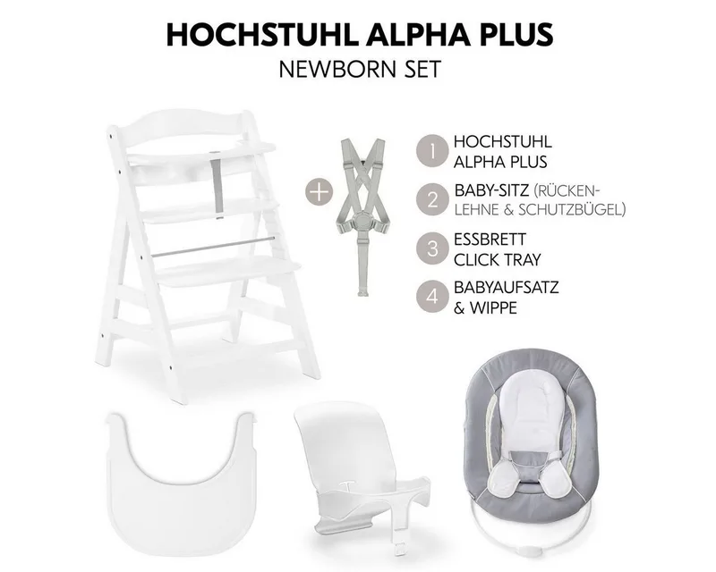 Hochstuhl Alpha Plus Newborn Set - White, Holz Babystuhl ab Geburt mit Neugeborenenaufsatz, Essbrett & Baby Seat by Hauck in White – product photo 2 of 4