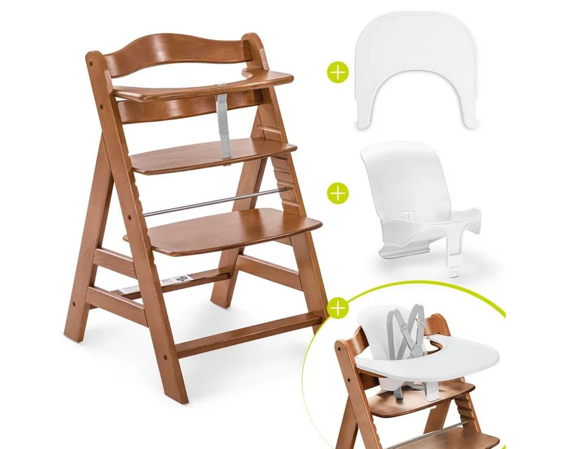 Hochstuhl Alpha Plus Set - Walnut, Mitwachsender Holz Kinderhochstuhl mit Essbrett Click Tray & Baby-Sitz by Hauck in Brown – product photo 1 of 5