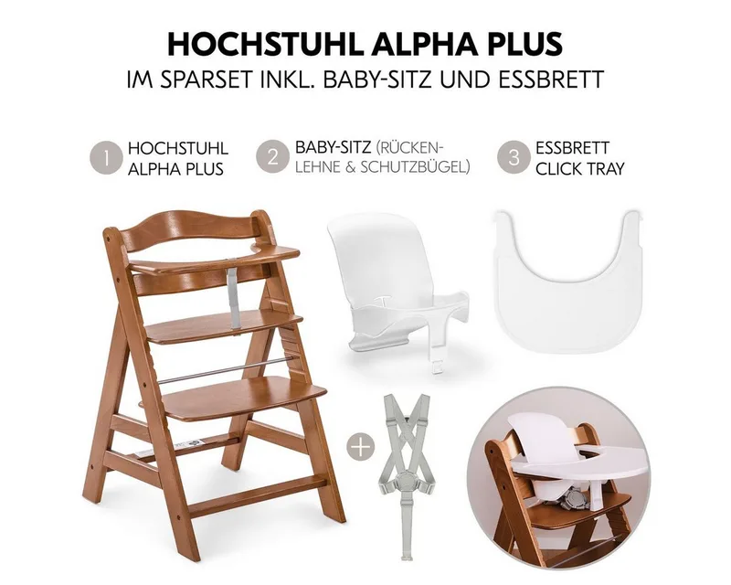 Hochstuhl Alpha Plus Set - Walnut, Mitwachsender Holz Kinderhochstuhl mit Essbrett Click Tray & Baby-Sitz by Hauck in Brown – product photo 2 of 5