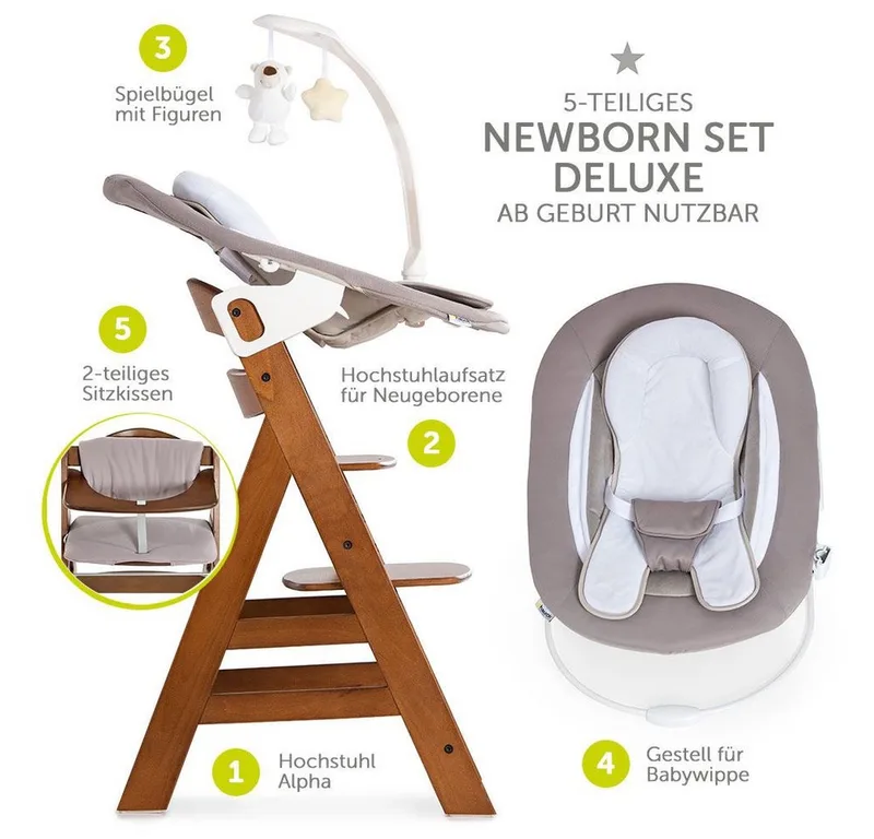 Hochstuhl Alpha Plus Walnut Newborn Set Deluxe (Set, 4 St), Holz Babyhochstuhl ab Geburt inkl. Neugeborenenaufsatz & Sitzauflage by Hauck in Brown – product photo 2 of 3