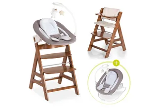 Hochstuhl Alpha Plus Walnut - Newborn Set Deluxe (Set, 4 St), Holz Babyhochstuhl ab Geburt inkl. Neugeborenenaufsatz & Sitzauflage by Hauck in Brown – product photo 1 of 5