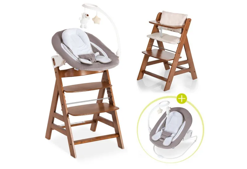 Hochstuhl Alpha Plus Walnut - Newborn Set Deluxe (Set, 4 St), Holz Babyhochstuhl ab Geburt inkl. Neugeborenenaufsatz & Sitzauflage de Hauck en Braun – photo produit