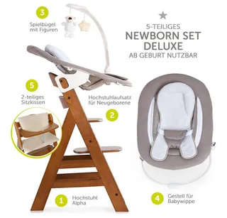 Hochstuhl Alpha Plus Walnut - Newborn Set Deluxe (Set, 4 St), Holz Babyhochstuhl ab Geburt inkl. Neugeborenenaufsatz & Sitzauflage by Hauck in Brown – product photo 2 of 5
