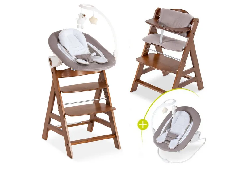 Hochstuhl Alpha Plus Walnut Newborn Set Deluxe (Set, 4 St), Holz Babyhochstuhl ab Geburt inkl. Neugeborenenaufsatz & Sitzauflage by Hauck in Braun – product photo