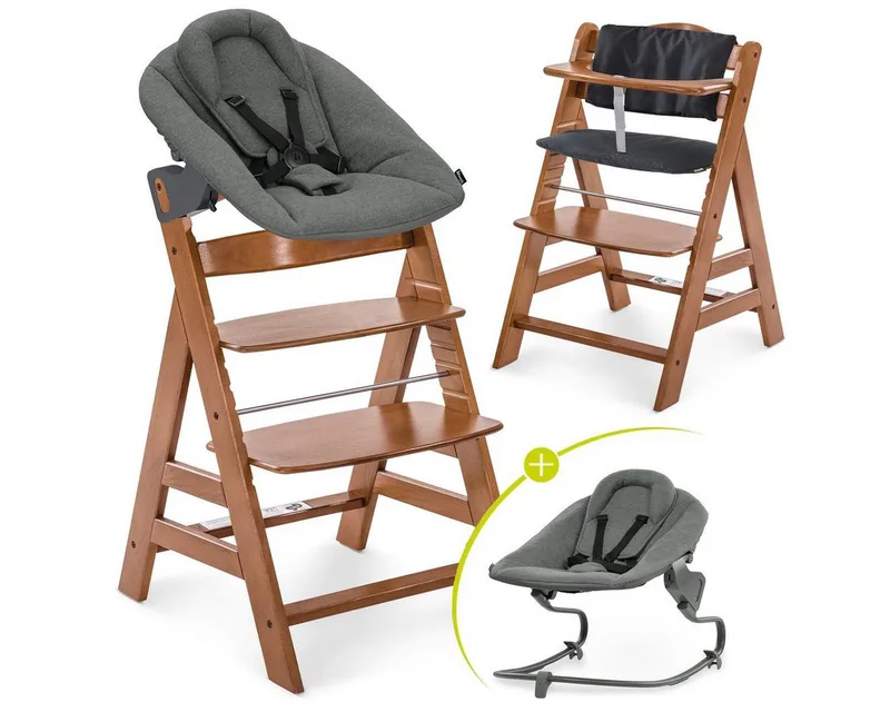 Hochstuhl Alpha Plus Walnut Newborn Set Premium Dark Grey, Holz Babystuhl ab Geburt inkl. Aufsatz für Neugeborene & Sitzauflage de Hauck en Braun – photo produit