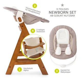 Hochstuhl Alpha Plus Walnut - Newborn Set (Set, 4 St), Holz Babyhochstuhl ab Geburt inkl. Neugeborenenaufsatz & Sitzauflage by Hauck in Brown – product photo 2 of 2
