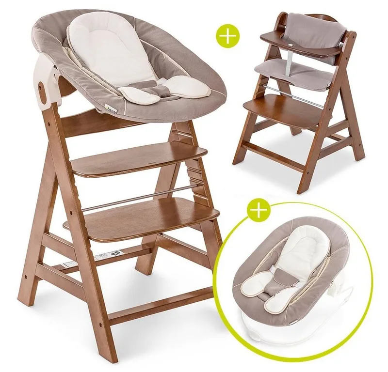 Hochstuhl Alpha Plus Walnut Newborn Set (Set, 4 St), Holz Babyhochstuhl ab Geburt inkl. Neugeborenenaufsatz & Sitzauflage by Hauck in Braun – product photo