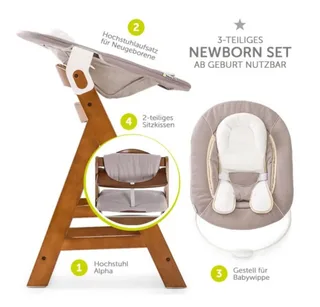 Hochstuhl Alpha Plus Walnut Newborn Set (Set, 4 St), Holz Babyhochstuhl ab Geburt inkl. Neugeborenenaufsatz & Sitzauflage by Hauck in Brown – product photo 2 of 5