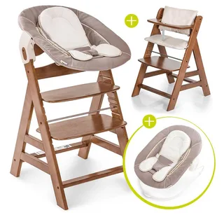 Hochstuhl Alpha Plus Walnut - Newborn Set (Set, 4 St), Holz Babyhochstuhl ab Geburt inkl. Neugeborenenaufsatz & Sitzauflage by Hauck in Brown – product photo 1 of 2