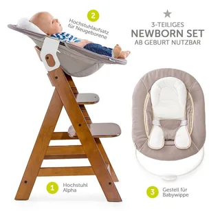 Hochstuhl Alpha Plus Walnut - Newborn Set (Set, 4 St), Holz Babystuhl ab Geburt mit Aufsatz für Neugeborene höhenverstellbar by Hauck in Beige, Brown – product photo 2 of 2