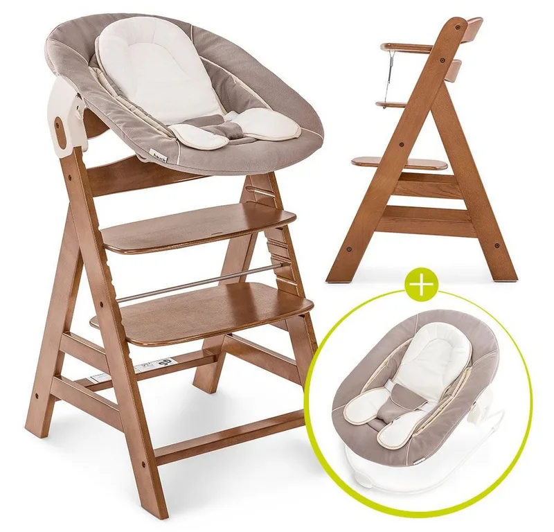 Hochstuhl Alpha Plus Walnut - Newborn Set (Set, 4 St), Holz Babystuhl ab Geburt mit Aufsatz für Neugeborene höhenverstellbar by Hauck in Beige, braun – product photo