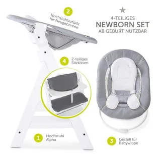 Hochstuhl Alpha Plus White - Newborn Set (Set, 4 St), Holz Babyhochstuhl ab Geburt inkl. Neugeborenenaufsatz & Sitzauflage by Hauck in White – product photo 2 of 2