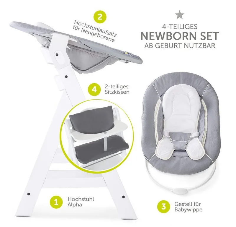 Hochstuhl Alpha Plus White - Newborn Set (Set, 4 St), Holz Babyhochstuhl ab Geburt inkl. Neugeborenenaufsatz & Sitzauflage by Hauck in White – product photo 2 of 2