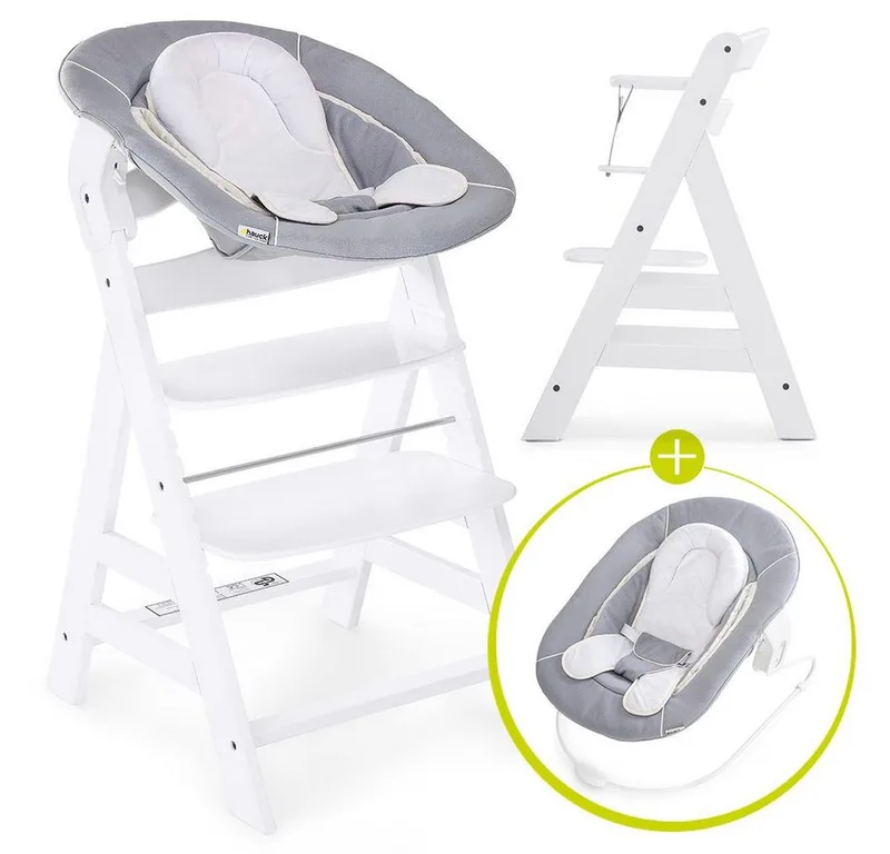 Hochstuhl Alpha Plus White Newborn Set (Set), Holz Babystuhl ab Geburt mit Aufsatz für Neugeborene höhenverstellbar de Hauck en Weiß – photo produit