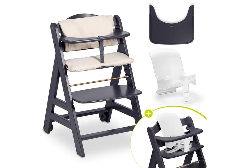 Hochstuhl Beta Plus - Dark Grey, Holz Kinderhochstuhl mit Baby-Sitz, Essbrett, Sitzauflage & Rollen de Hauck en Grau – photo produit