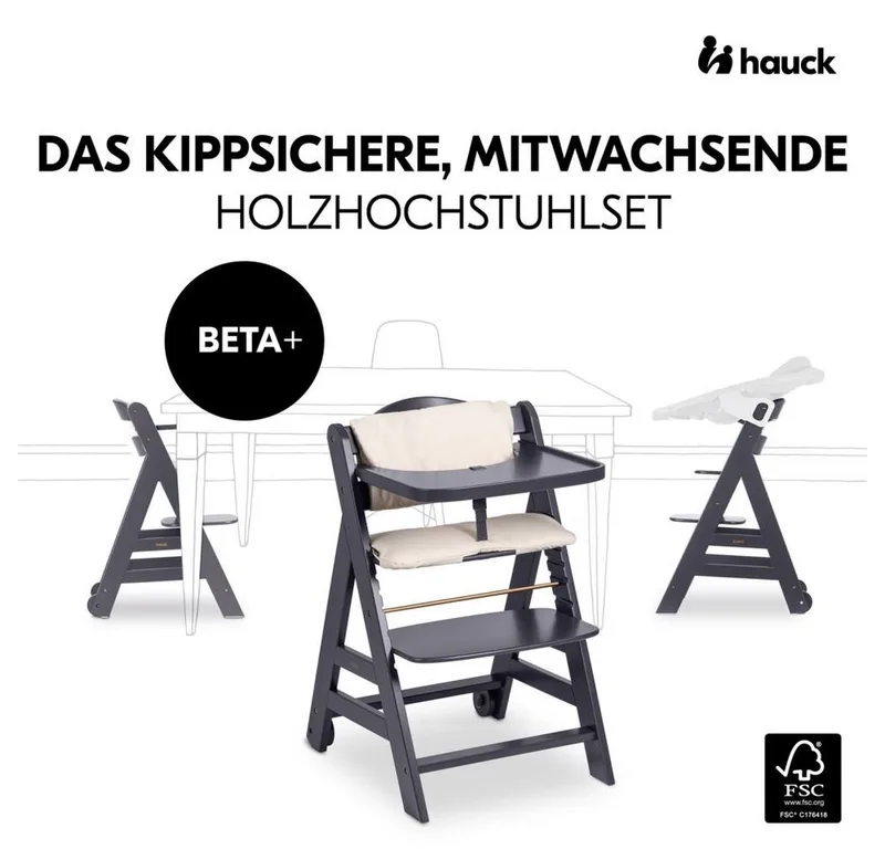 Hochstuhl Beta Plus Dark Grey - Newborn Set, Babystuhl ab Geburt inkl. Aufsatz für Neugeborene, Tisch, Sitzauflage by Hauck in Beige – product photo 3 of 5