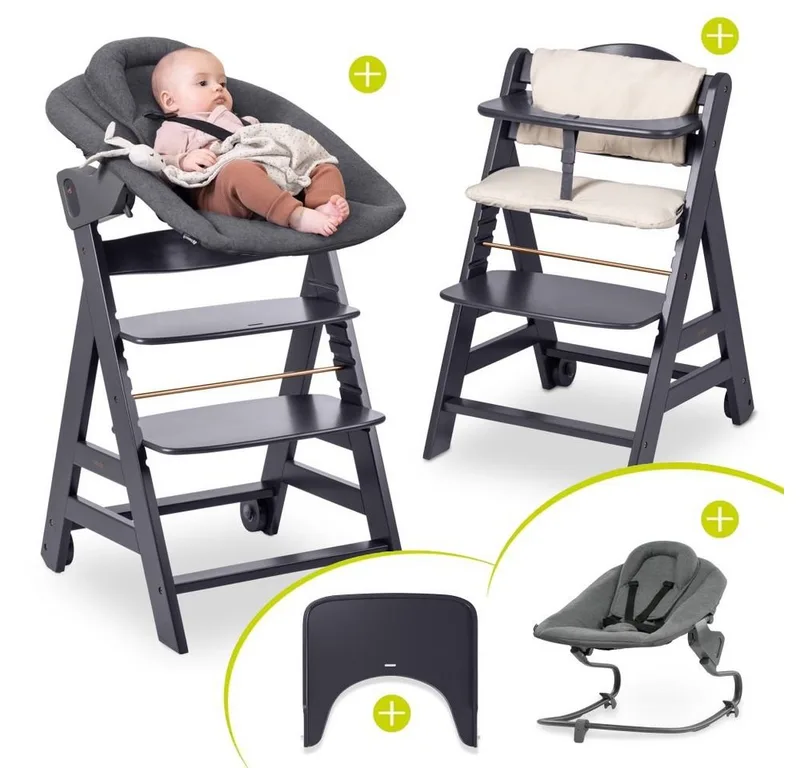 Hochstuhl Beta Plus Dark Grey - Newborn Set, Babystuhl ab Geburt inkl. Aufsatz für Neugeborene, Tisch, Sitzauflage by Hauck in Beige – product photo