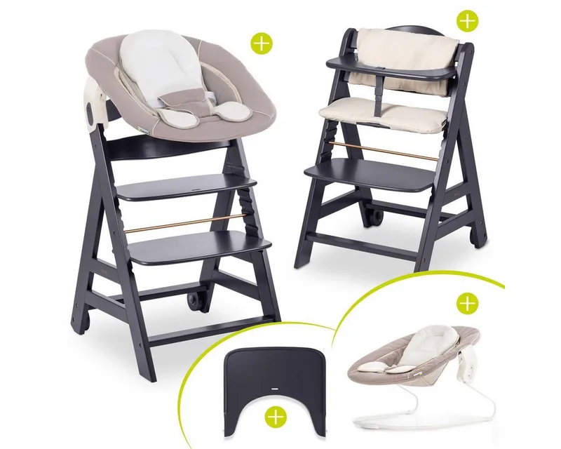 Hochstuhl Beta Plus Dark Grey - Newborn Set, Babystuhl ab Geburt inkl. Aufsatz für Neugeborene, Tisch, Sitzauflage de Hauck en Grau – photo produit