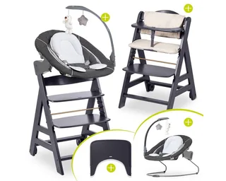 Hochstuhl Beta Plus Dark Grey - Newborn Set Deluxe, Holz Babystuhl ab Geburt mit Neugeborenenaufsatz, Sitzkissen, Essbrett by Hauck in Grey – product photo 1 of 5