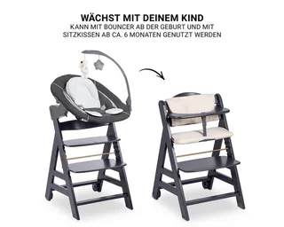 Hochstuhl Beta Plus Dark Grey - Newborn Set Deluxe, Holz Babystuhl ab Geburt mit Neugeborenenaufsatz, Sitzkissen, Essbrett by Hauck in Grey – product photo 4 of 5
