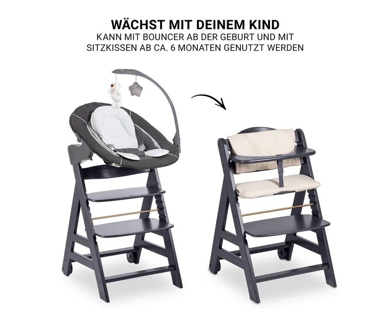 Hochstuhl Beta Plus Dark Grey - Newborn Set Deluxe, Holz Babystuhl ab Geburt mit Neugeborenenaufsatz, Sitzkissen, Essbrett by Hauck in Grey – product photo 4 of 5