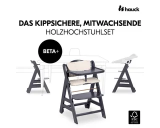 Hochstuhl Beta Plus Dark Grey - Newborn Set Deluxe, Holz Babystuhl ab Geburt mit Neugeborenenaufsatz, Sitzkissen, Essbrett by Hauck in Grey – product photo 3 of 5