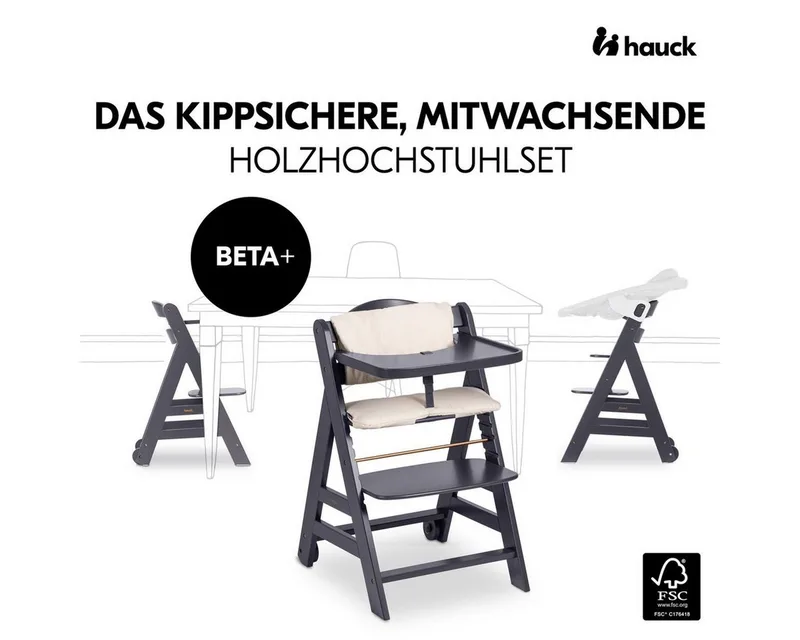 Hochstuhl Beta Plus Dark Grey - Newborn Set Deluxe, Holz Babystuhl ab Geburt mit Neugeborenenaufsatz, Sitzkissen, Essbrett by Hauck in Grey – product photo 3 of 5